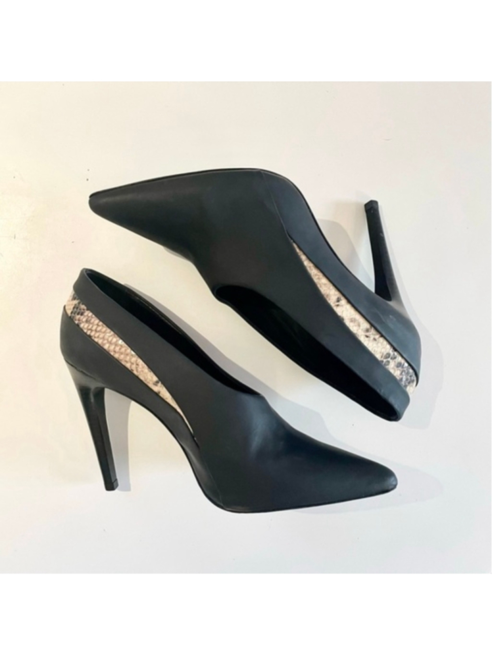 Tibi Lena Black Leather High Vamp Snakeskin Stiletto Pumps Size 39.5